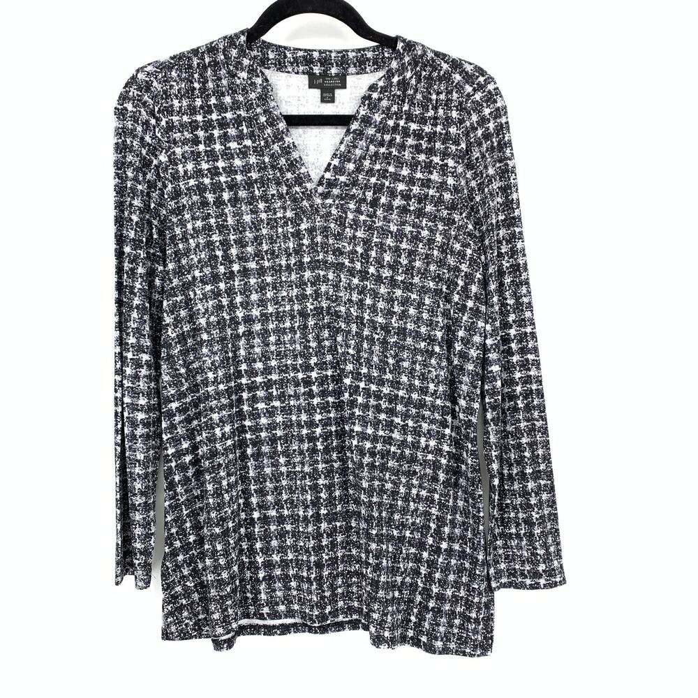 J Jill Wearever Top Petite Small Black White Stretch Knit V Neck Tunic